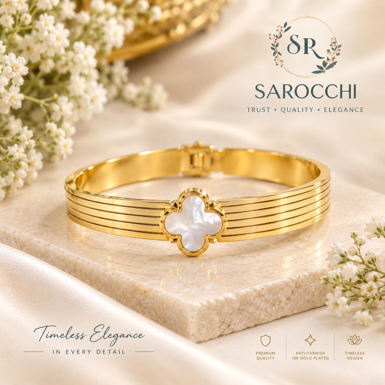 18K Gold Plated Mother-of-Pearl Clover Bangle