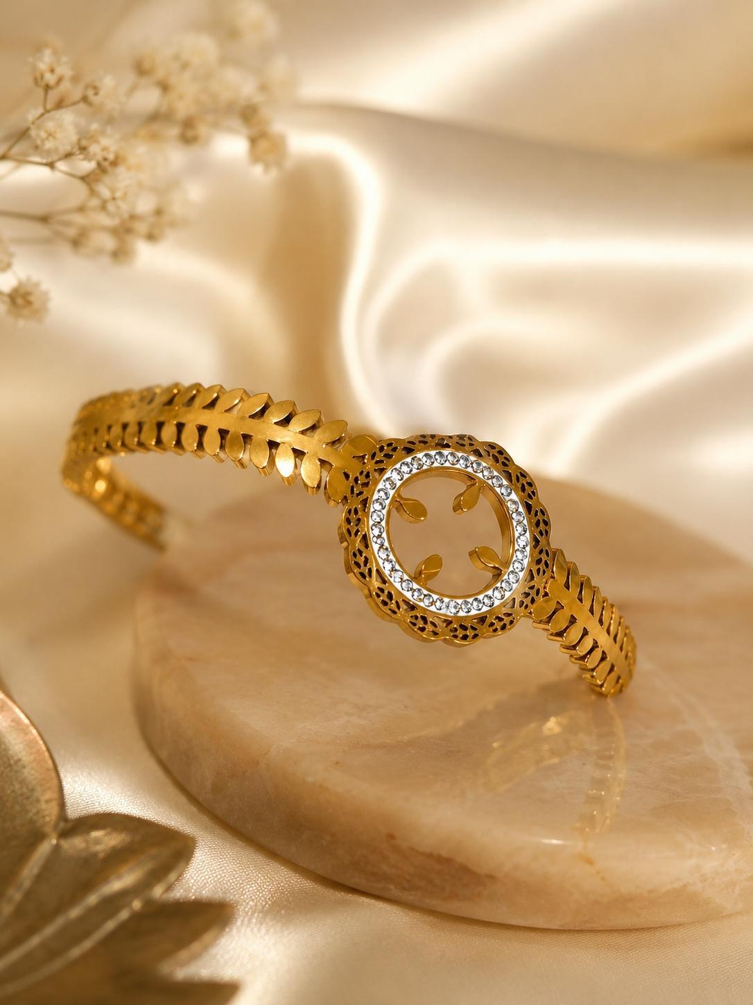 Royal Laurel Leaf Crystal Halo Bridal Statement Bangle
