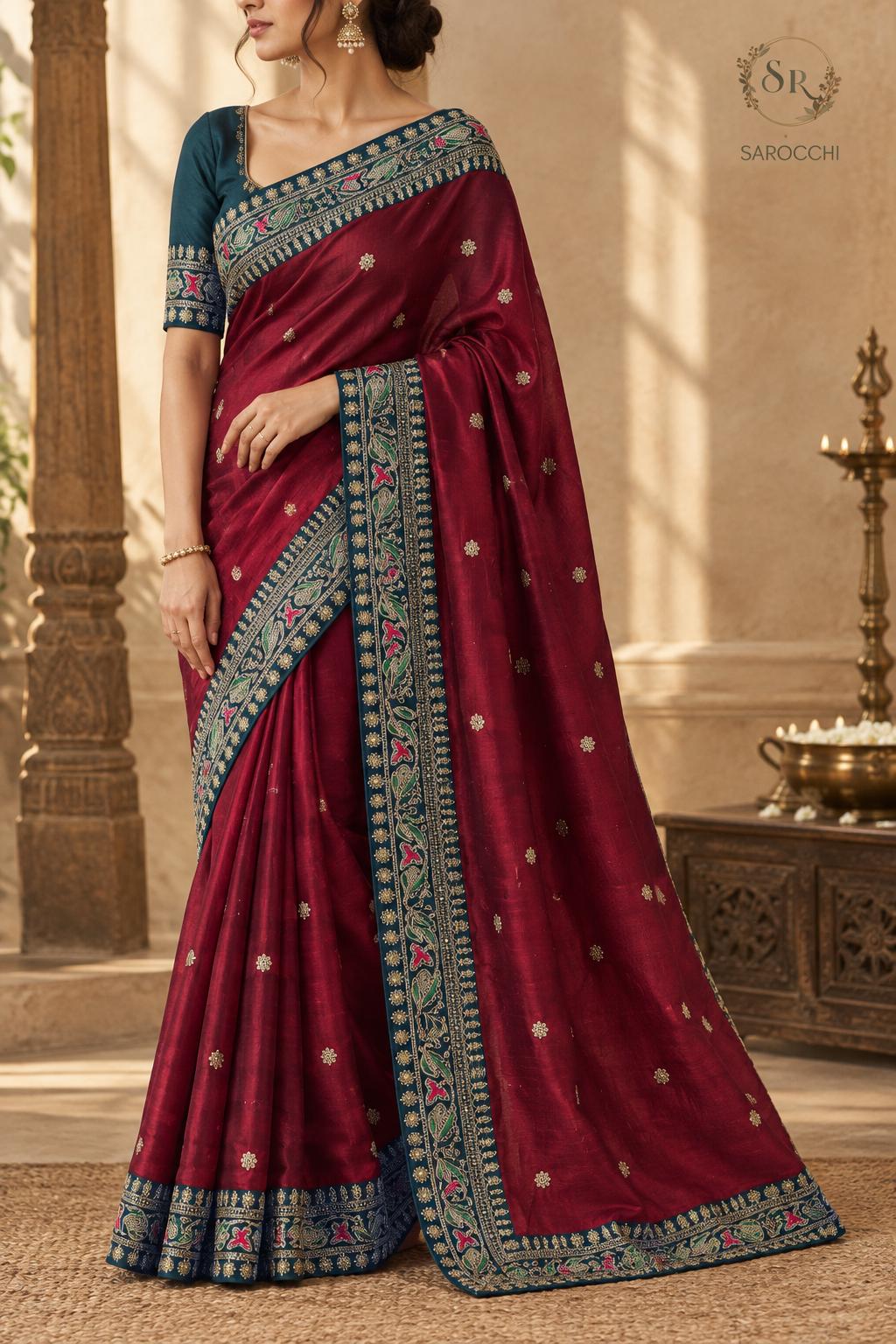 Crimson Floral Embroidered Border Pure Silk Saree
