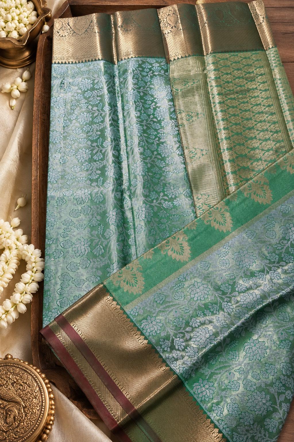 Sage Mint Floral Jaal Kanjivaram Silk Saree