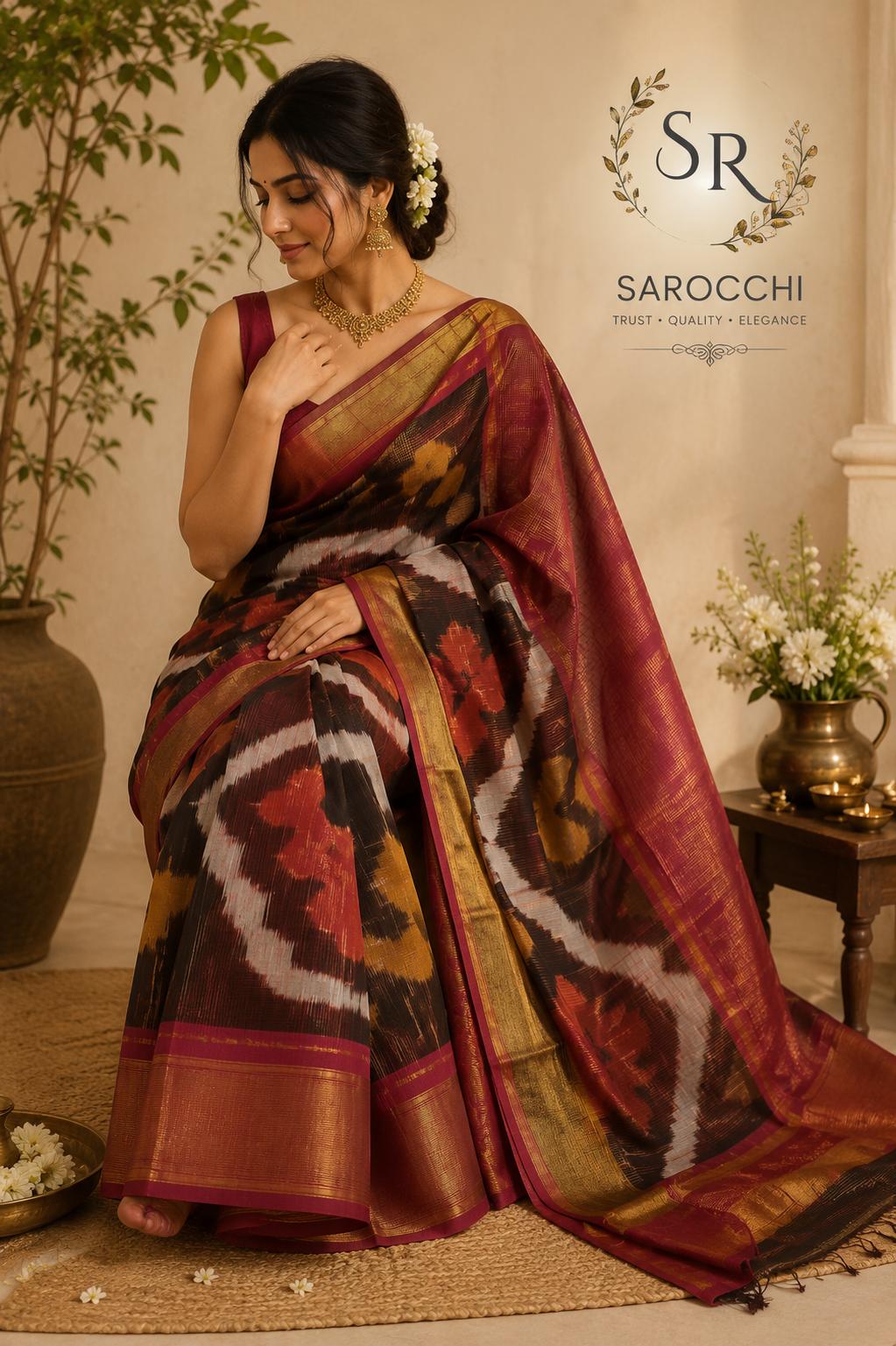 Burgundy Rose Gold Zari Designer Saree