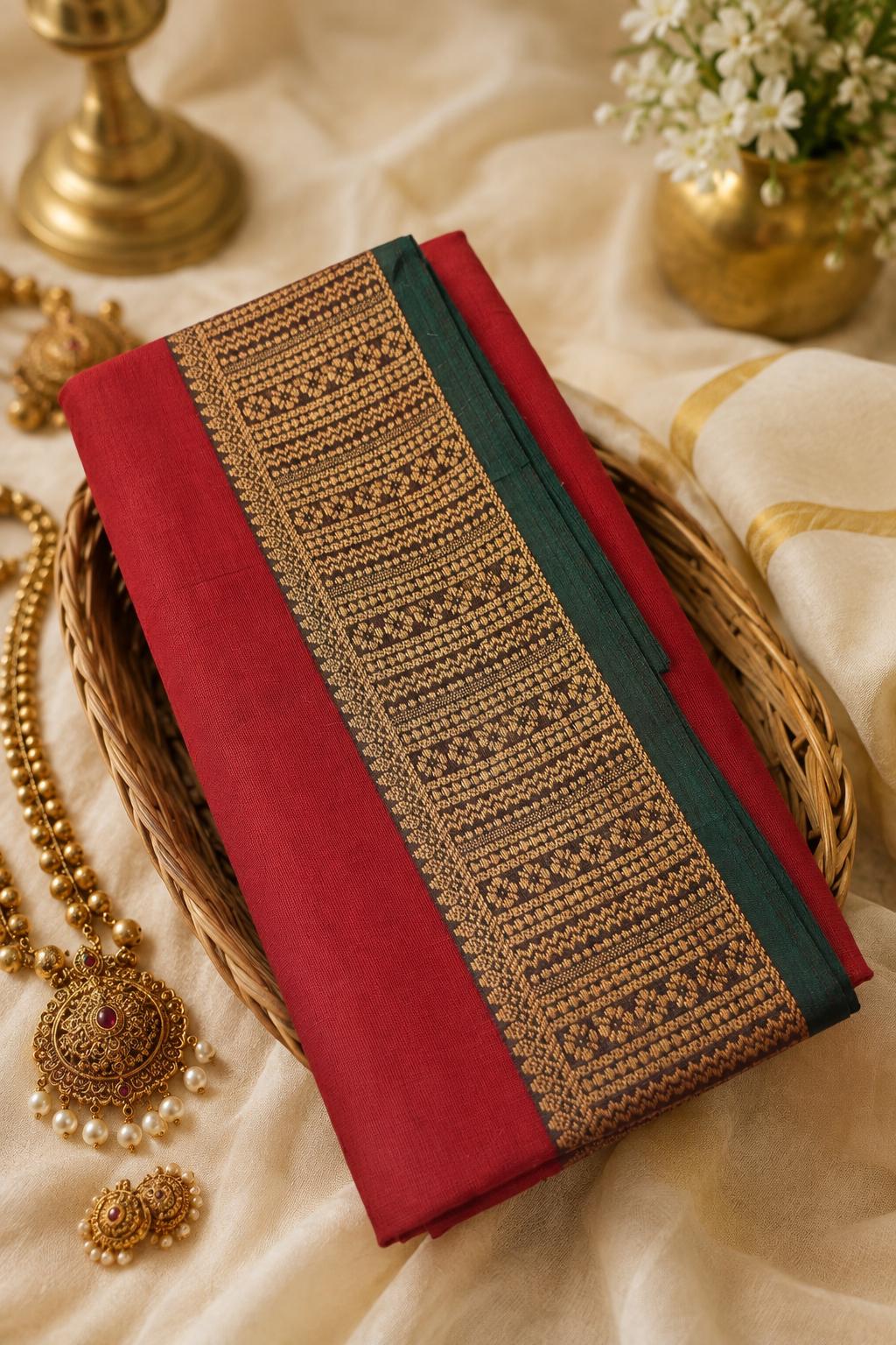 Rust Orange Dual-Tone Temple Border Cotton Saree