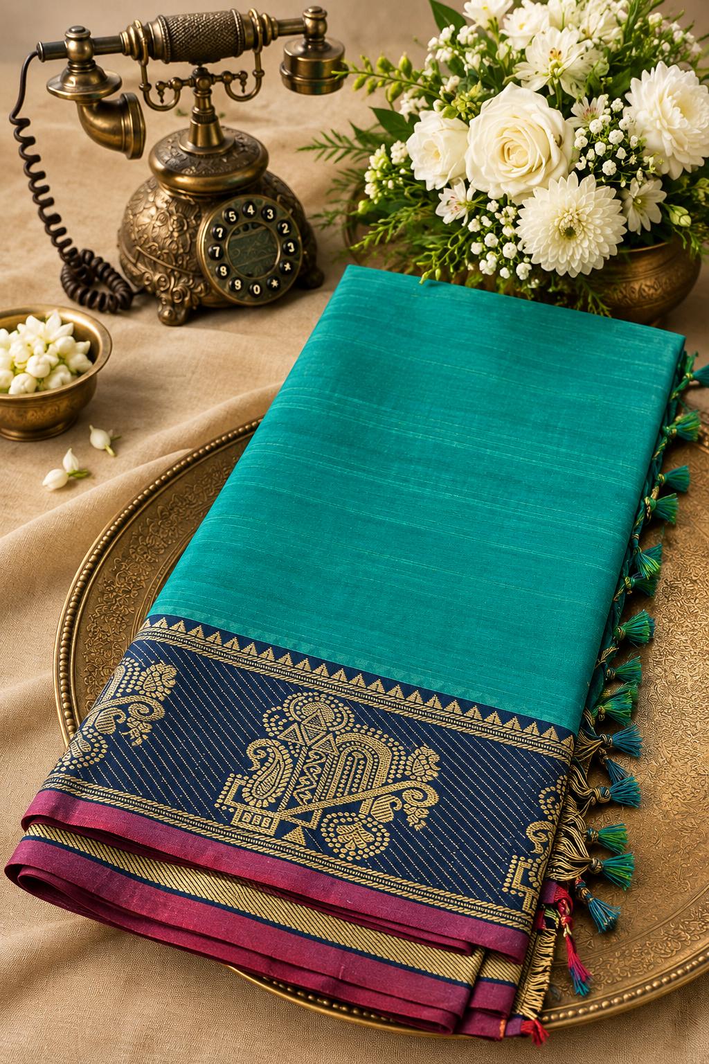 Teal Blue Gold Zari Bordered Pure Silk Saree