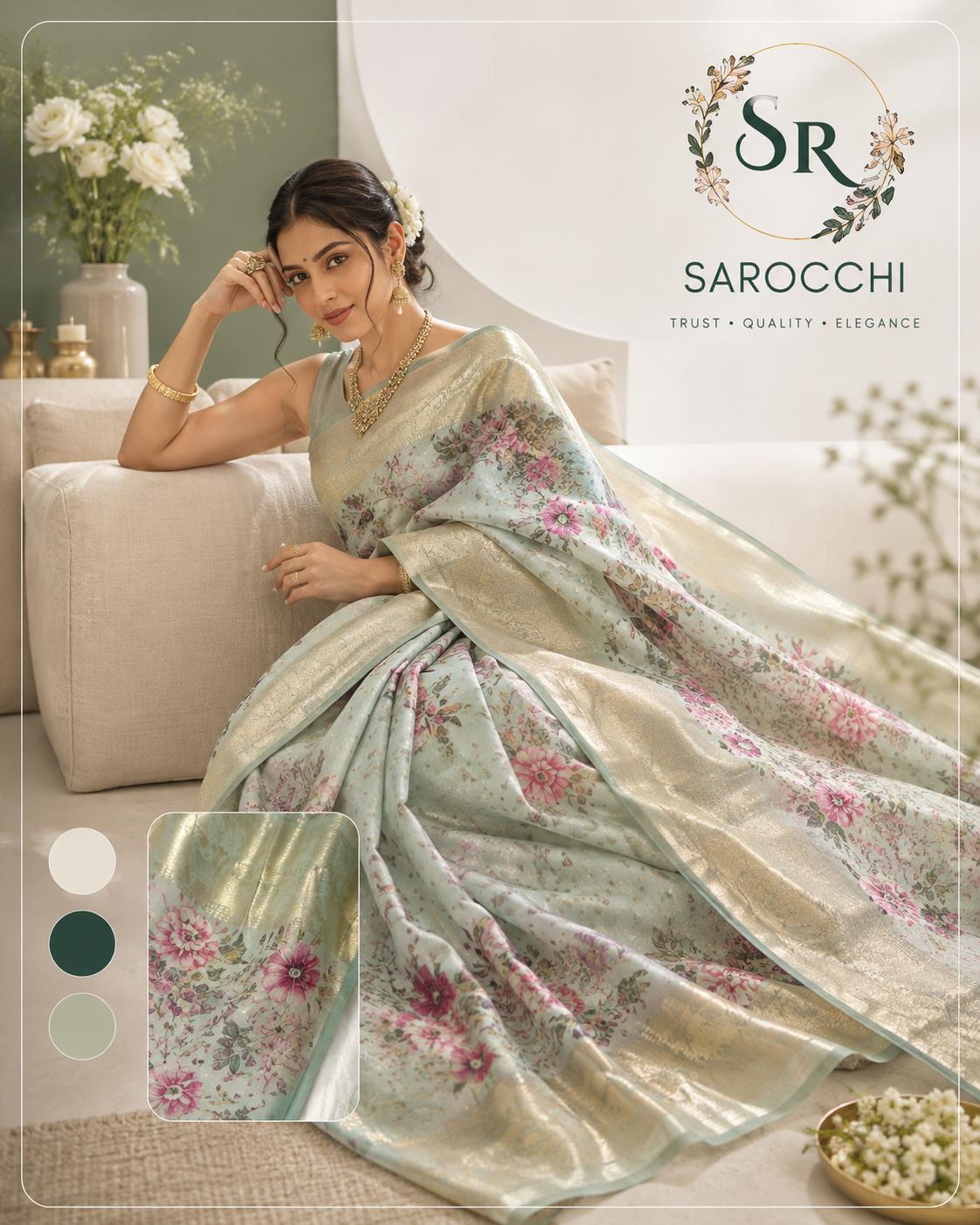 Ivory Cream Rose Gold Bridal Tissue Saree