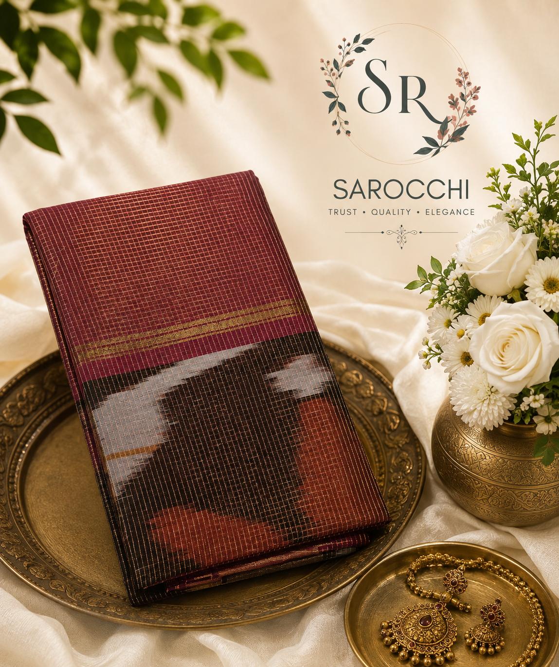 Maroon Handloom Checked Ikkat Cotton Saree