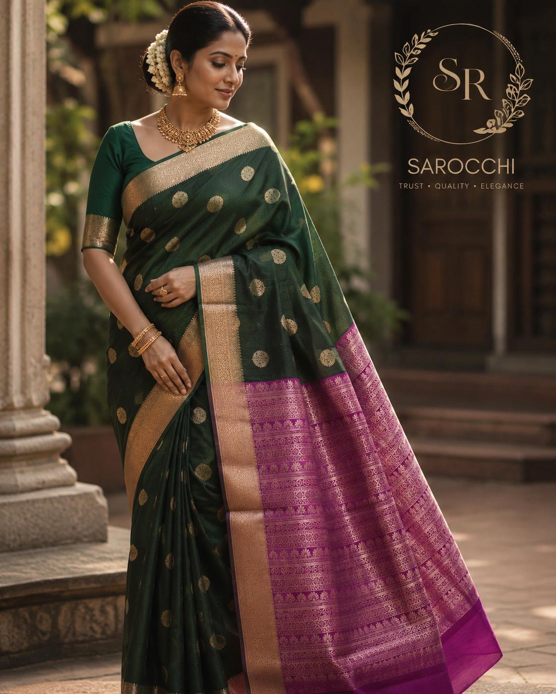 Royal Emerald & Rani Pink Pallu Silk Saree