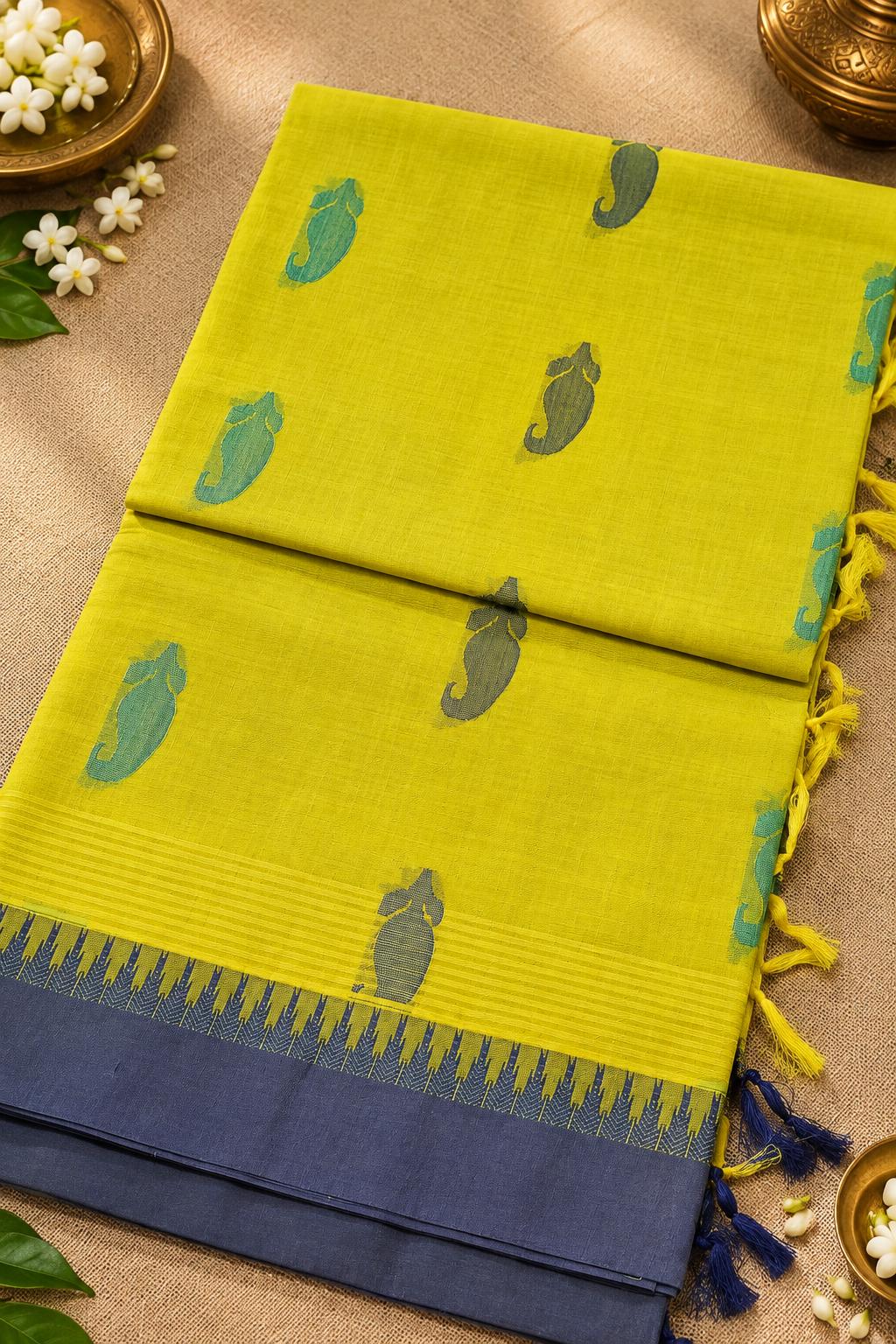 Lime Yellow & Indigo Border Handloom Cotton Saree