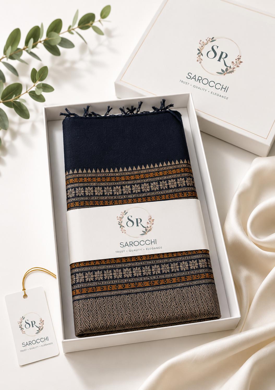 Midnight Navy Woven Border Saree in Sarocchi Box