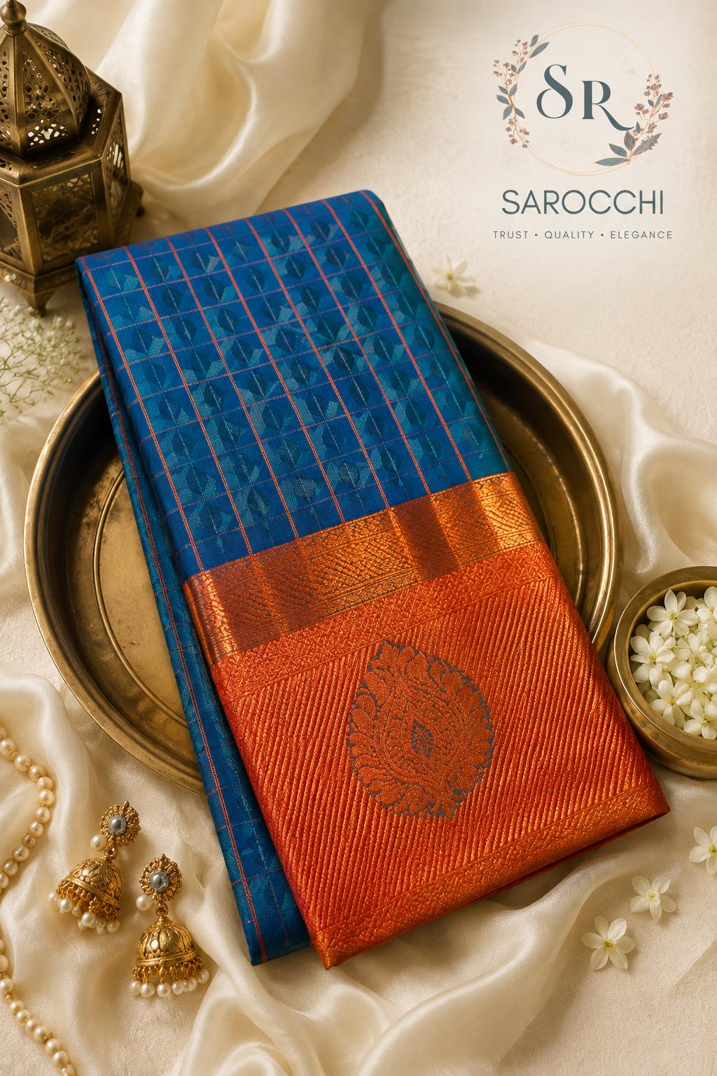 Peacock Blue Rust Zari Kanjivaram Silk Saree