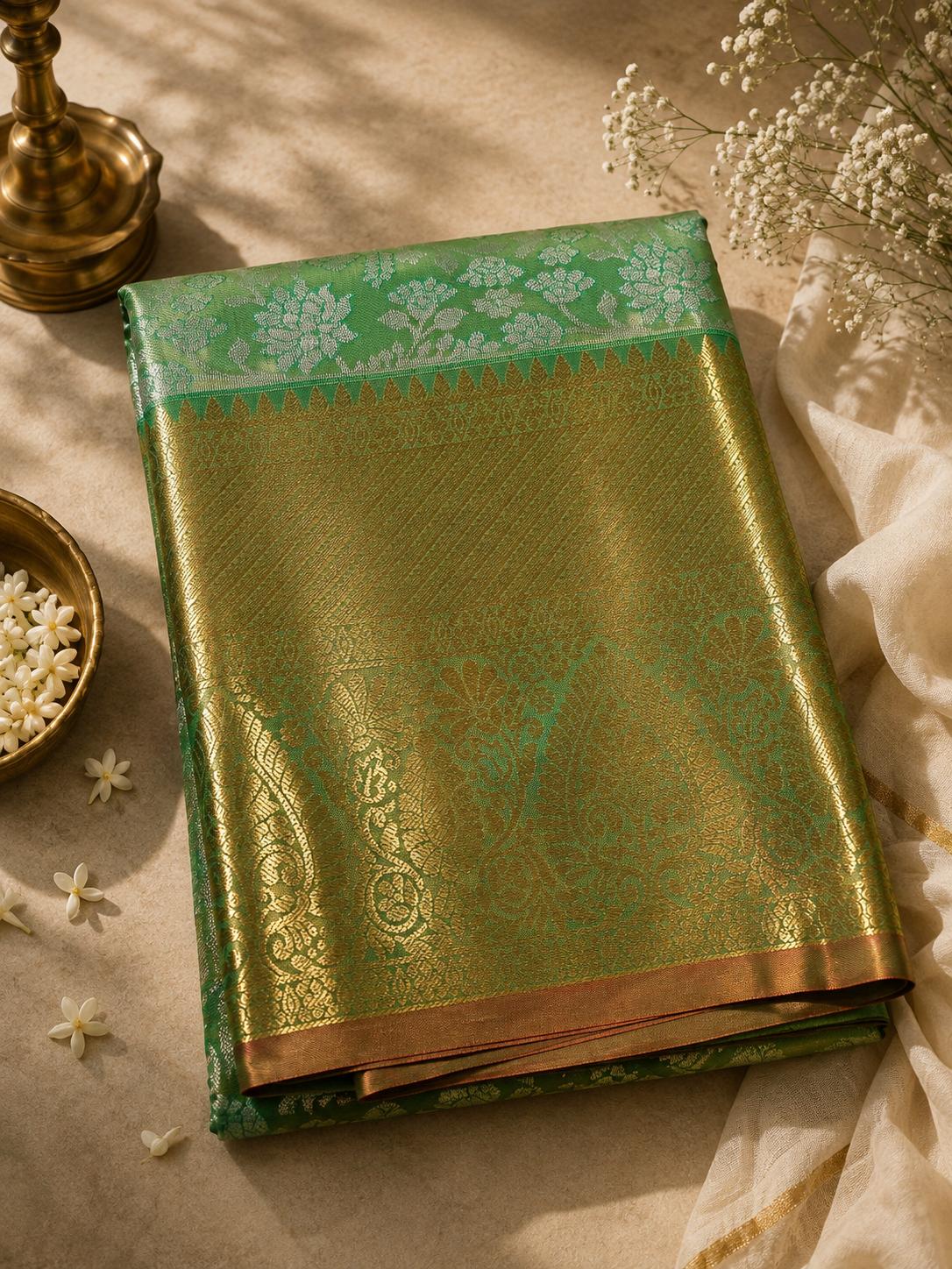 Parrot Green Brocade Zari Pure Silk Saree