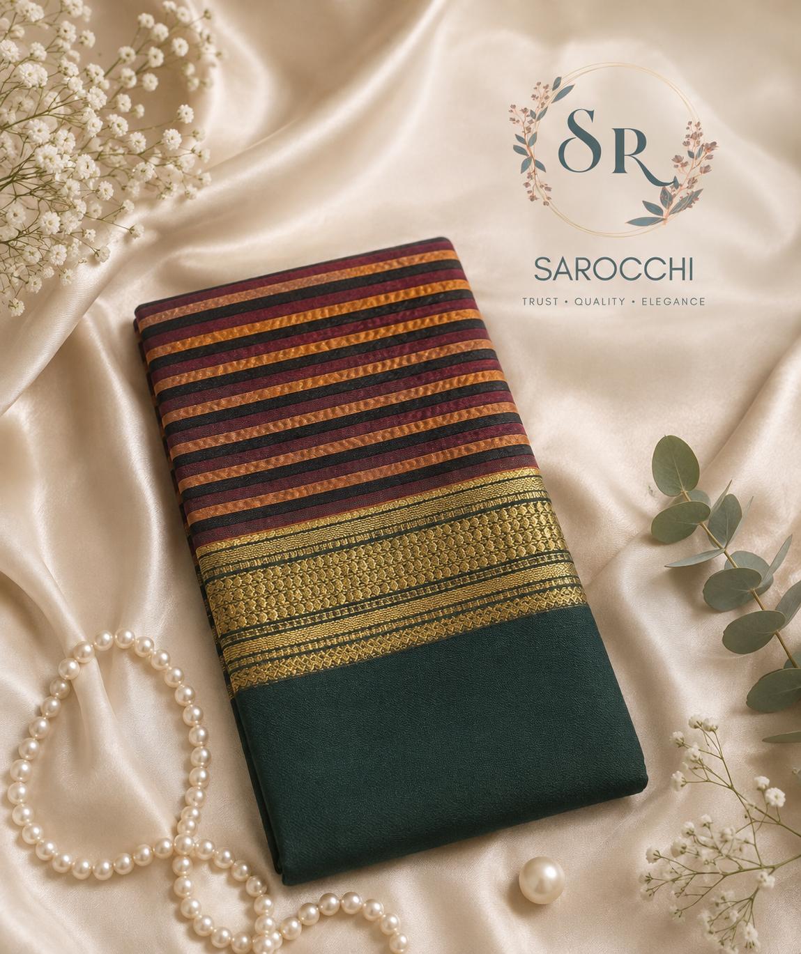 Bottle Green Striped Pallu Handloom Cotton Saree